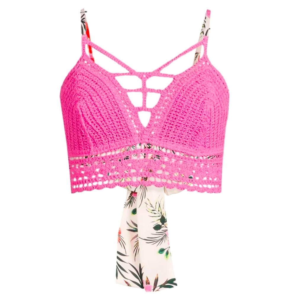 New Trendy Sexy Pink Crochet Knit Halter Top with tropical print Backless tie up